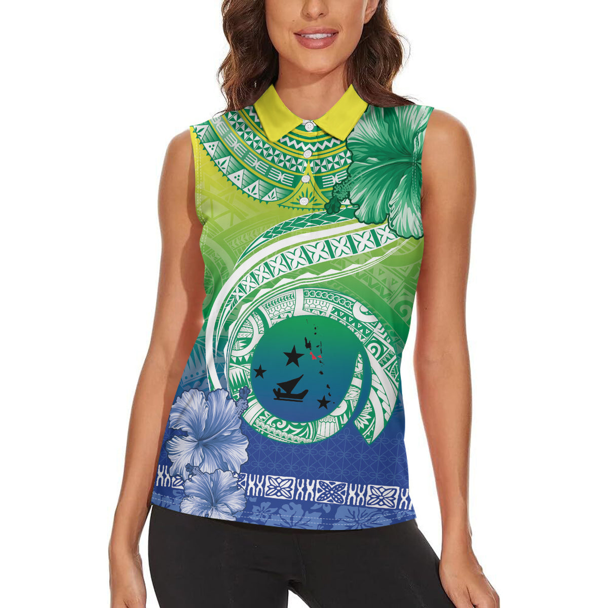 Malpampa Vanuatu Women Sleeveless Polo Shirt Hibiscus Sand Drawing with Pacific Pattern