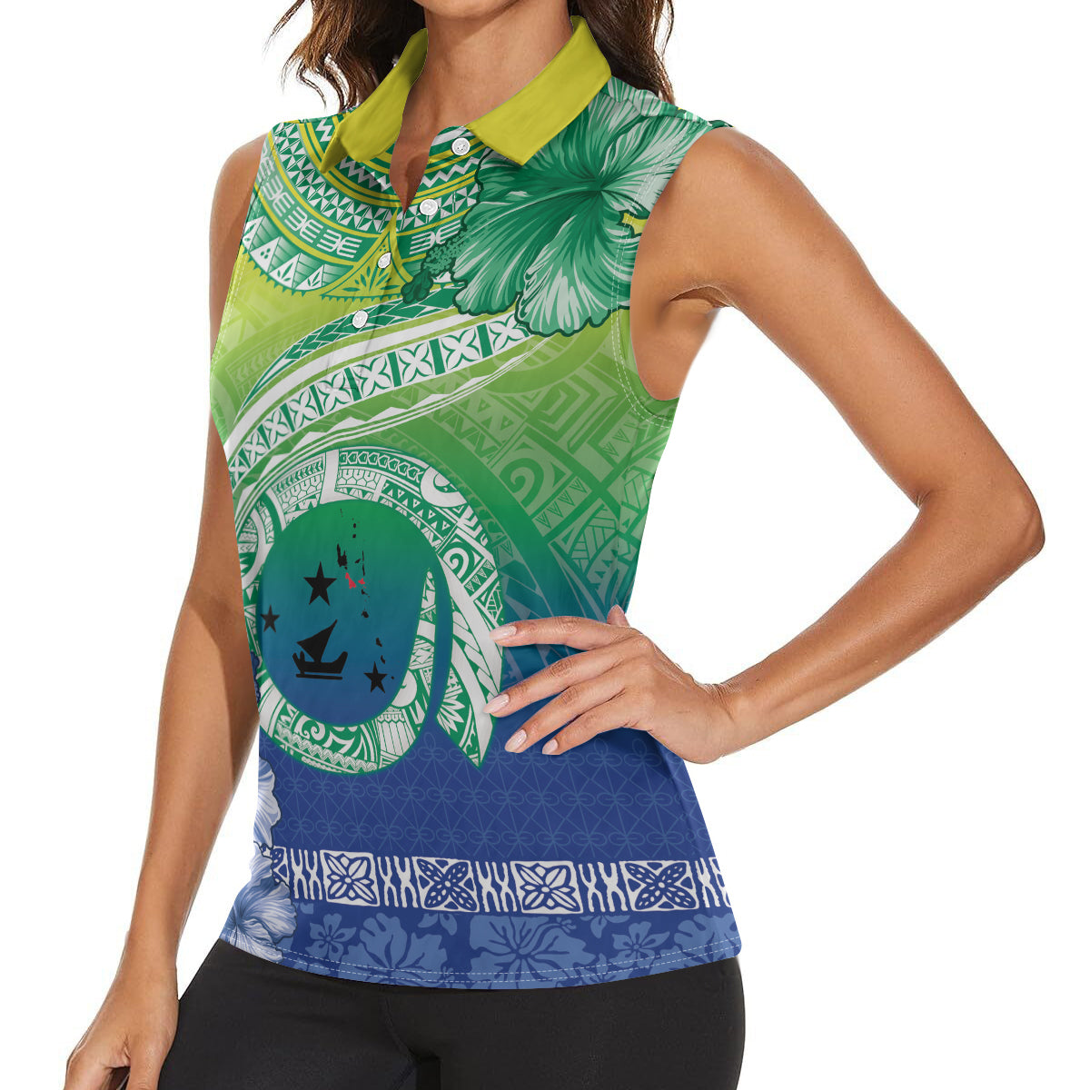 Malpampa Vanuatu Women Sleeveless Polo Shirt Hibiscus Sand Drawing with Pacific Pattern