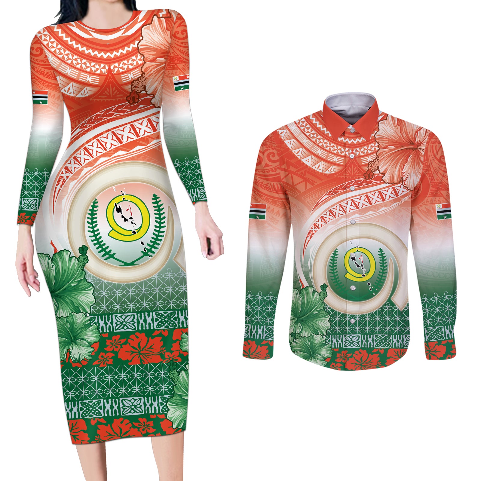 Penama Vanuatu Couples Matching Long Sleeve Bodycon Dress and Long Sleeve Button Shirt Hibiscus Sand Drawing with Pacific Pattern