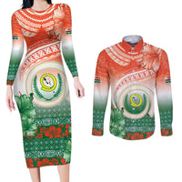 Penama Vanuatu Couples Matching Long Sleeve Bodycon Dress and Long Sleeve Button Shirt Hibiscus Sand Drawing with Pacific Pattern