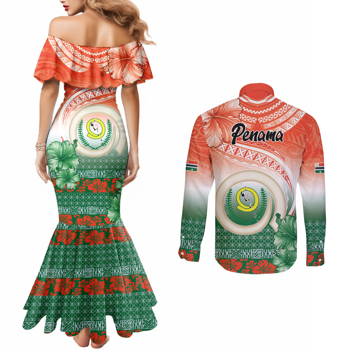 Penama Vanuatu Couples Matching Mermaid Dress and Long Sleeve Button Shirt Hibiscus Sand Drawing with Pacific Pattern