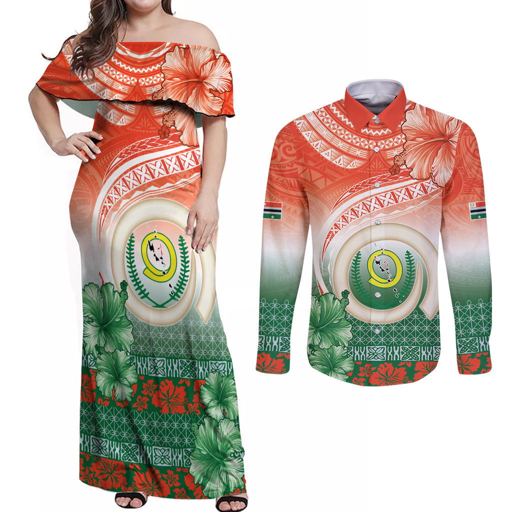 Penama Vanuatu Couples Matching Off Shoulder Maxi Dress and Long Sleeve Button Shirt Hibiscus Sand Drawing with Pacific Pattern