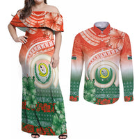 Penama Vanuatu Couples Matching Off Shoulder Maxi Dress and Long Sleeve Button Shirt Hibiscus Sand Drawing with Pacific Pattern