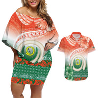 Penama Vanuatu Couples Matching Off Shoulder Short Dress and Hawaiian Shirt Hibiscus Sand Drawing with Pacific Pattern