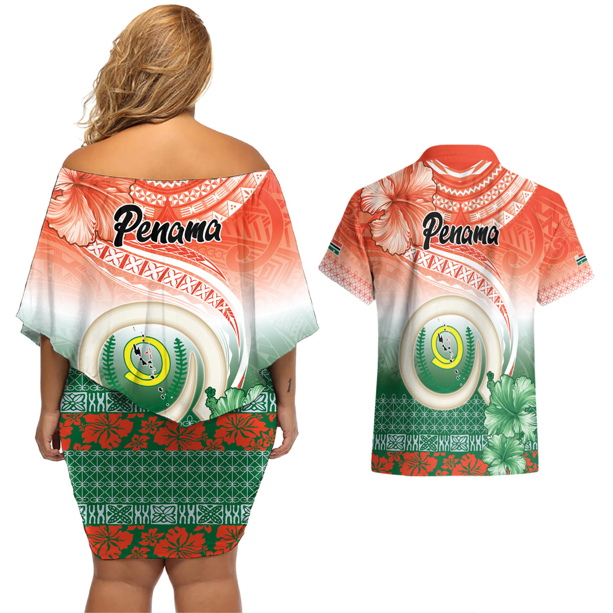 Penama Vanuatu Couples Matching Off Shoulder Short Dress and Hawaiian Shirt Hibiscus Sand Drawing with Pacific Pattern