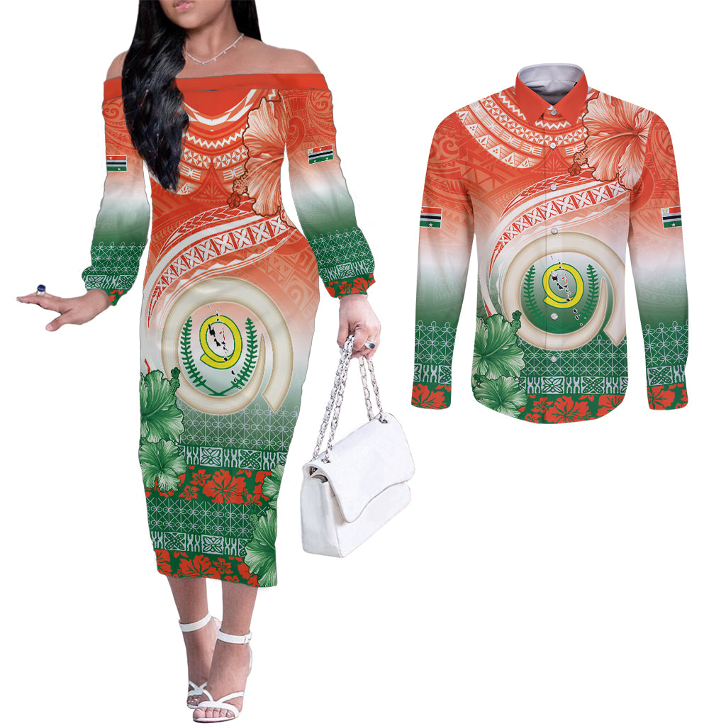 Penama Vanuatu Couples Matching Off The Shoulder Long Sleeve Dress and Long Sleeve Button Shirt Hibiscus Sand Drawing with Pacific Pattern