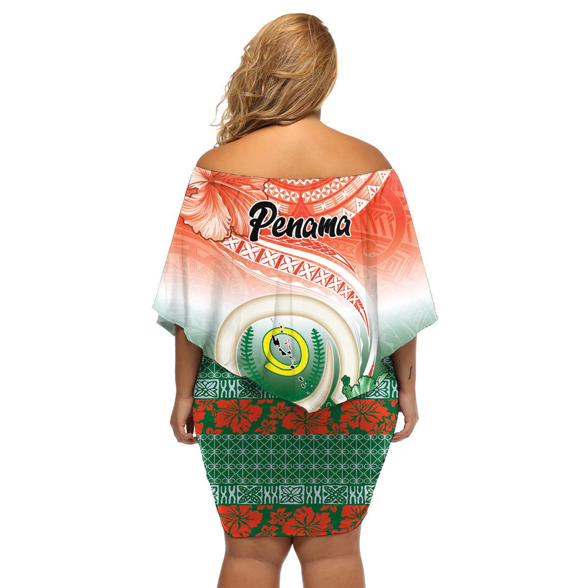 Penama Vanuatu Off Shoulder Short Dress Hibiscus Sand Drawing with Pacific Pattern