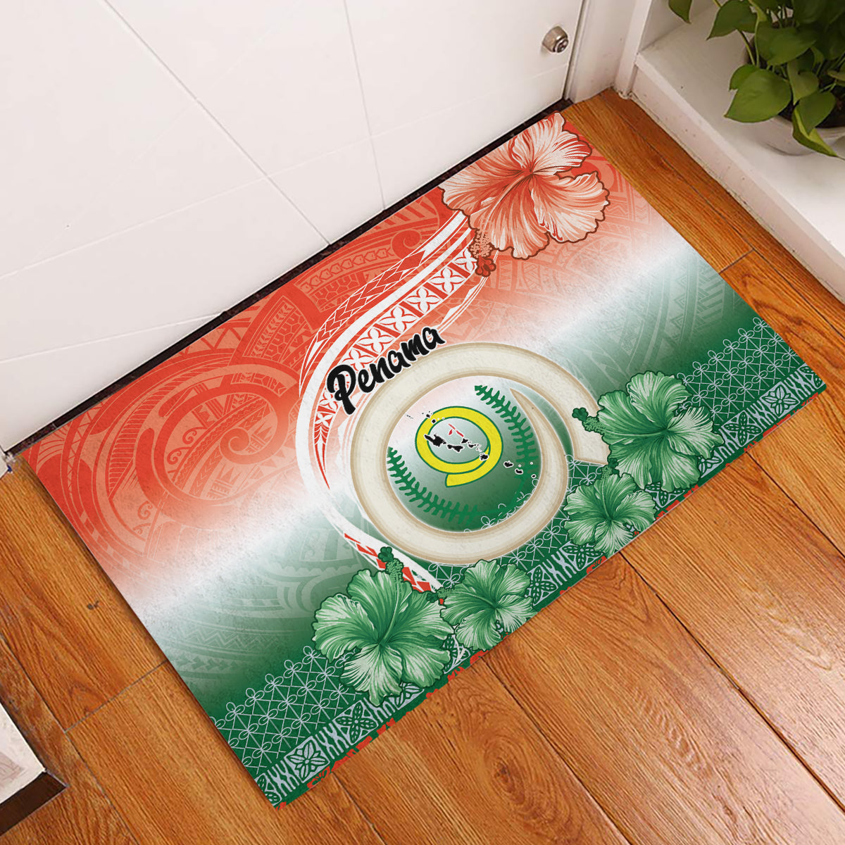 Penama Vanuatu Rubber Doormat Hibiscus Sand Drawing with Pacific Pattern