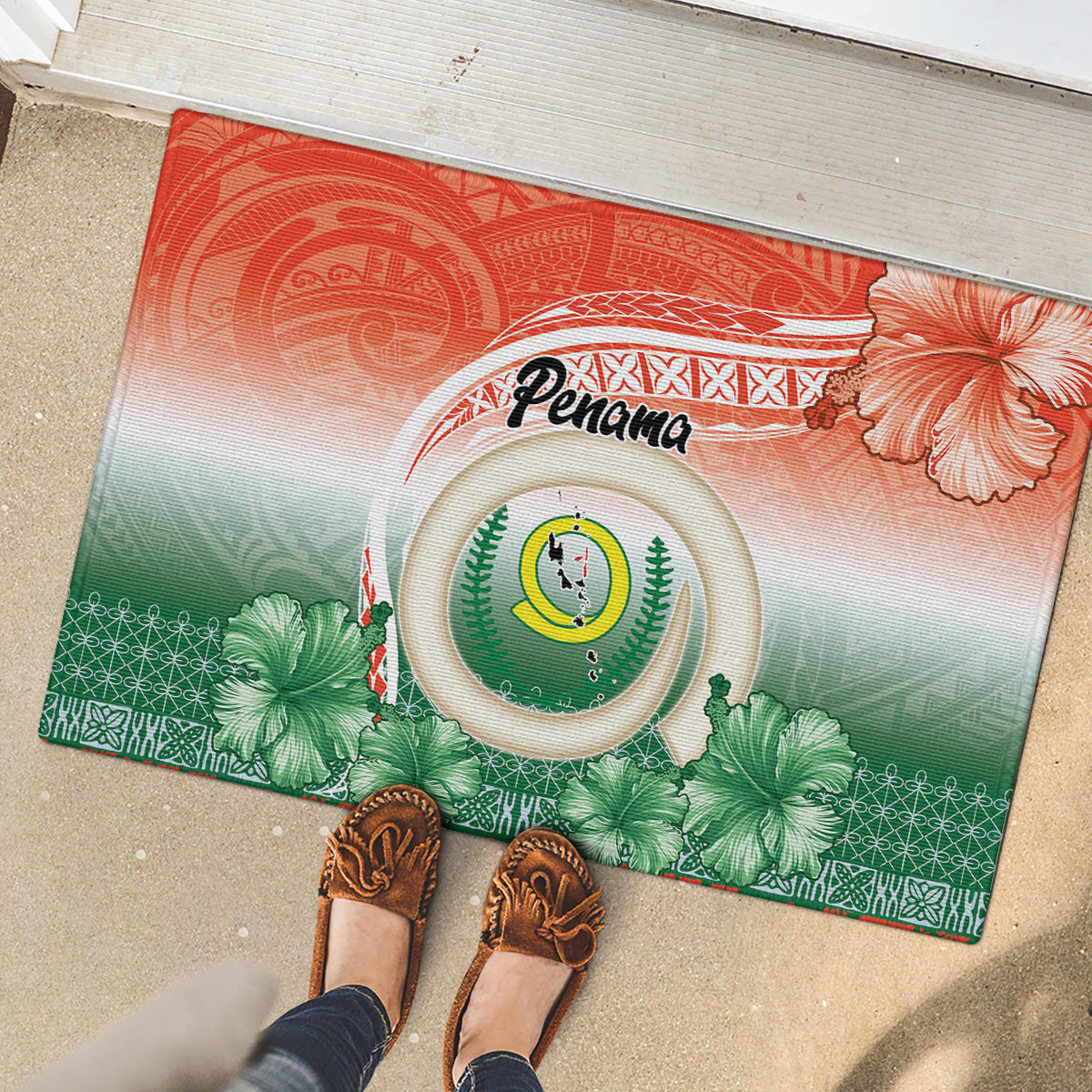Penama Vanuatu Rubber Doormat Hibiscus Sand Drawing with Pacific Pattern