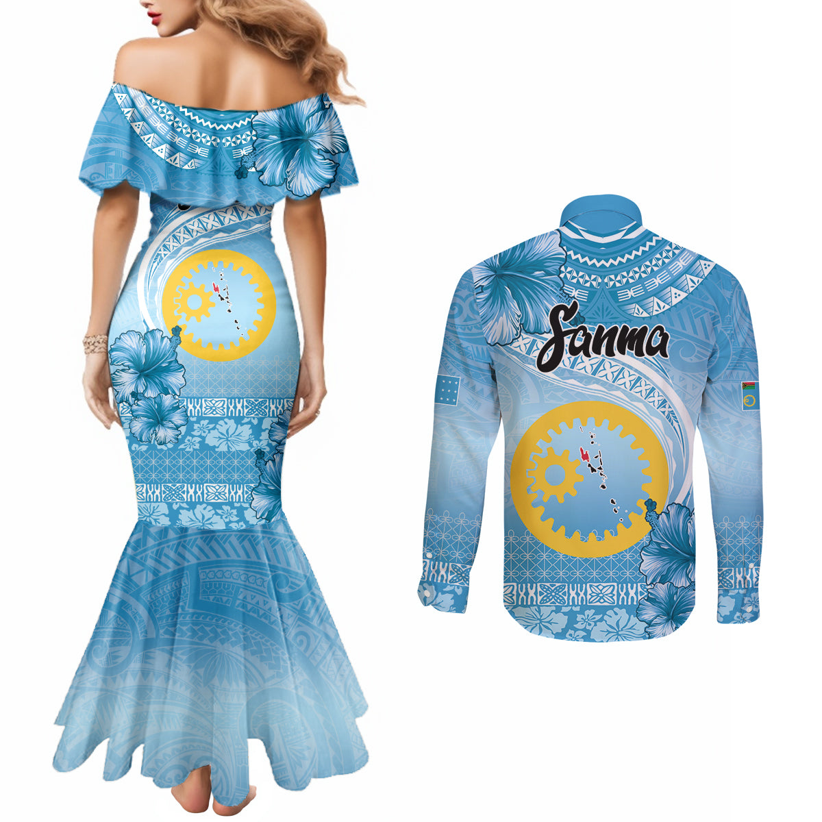 Sanma Vanuatu Couples Matching Mermaid Dress and Long Sleeve Button Shirt Hibiscus Sand Drawing with Pacific Pattern