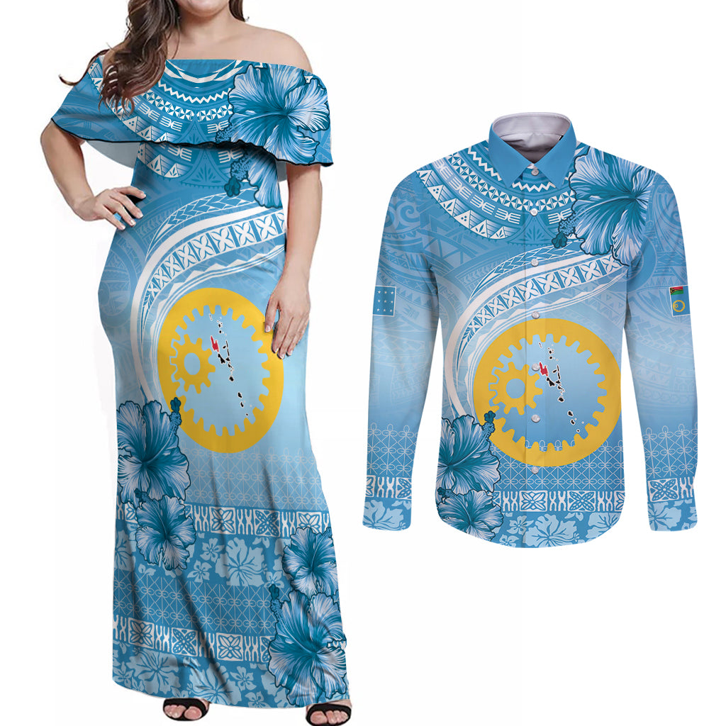 Sanma Vanuatu Couples Matching Off Shoulder Maxi Dress and Long Sleeve Button Shirt Hibiscus Sand Drawing with Pacific Pattern