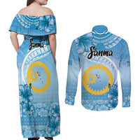 Sanma Vanuatu Couples Matching Off Shoulder Maxi Dress and Long Sleeve Button Shirt Hibiscus Sand Drawing with Pacific Pattern