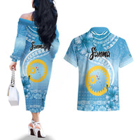 Sanma Vanuatu Couples Matching Off The Shoulder Long Sleeve Dress and Hawaiian Shirt Hibiscus Sand Drawing with Pacific Pattern