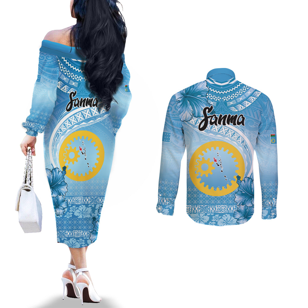 Sanma Vanuatu Couples Matching Off The Shoulder Long Sleeve Dress and Long Sleeve Button Shirt Hibiscus Sand Drawing with Pacific Pattern
