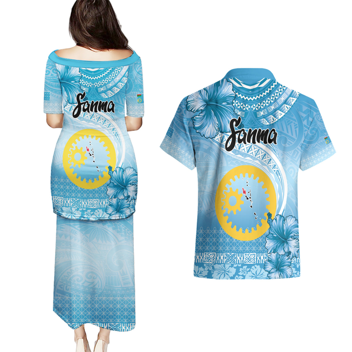 Sanma Vanuatu Couples Matching Puletasi and Hawaiian Shirt Hibiscus Sand Drawing with Pacific Pattern