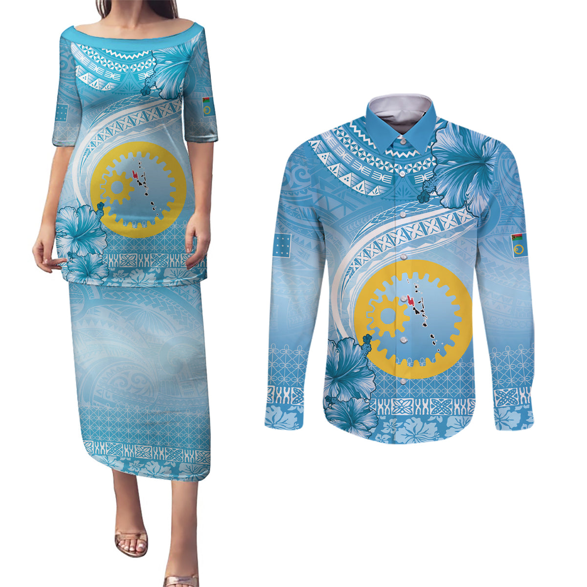 Sanma Vanuatu Couples Matching Puletasi and Long Sleeve Button Shirt Hibiscus Sand Drawing with Pacific Pattern
