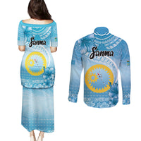 Sanma Vanuatu Couples Matching Puletasi and Long Sleeve Button Shirt Hibiscus Sand Drawing with Pacific Pattern