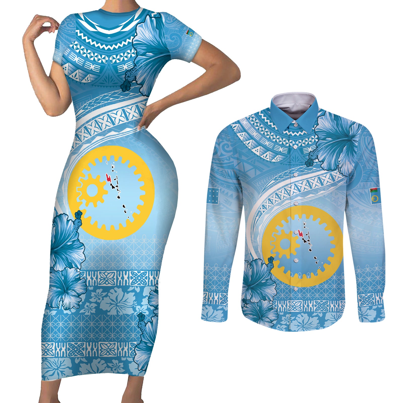 Sanma Vanuatu Couples Matching Short Sleeve Bodycon Dress and Long Sleeve Button Shirt Hibiscus Sand Drawing with Pacific Pattern