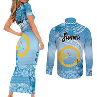 Sanma Vanuatu Couples Matching Short Sleeve Bodycon Dress and Long Sleeve Button Shirt Hibiscus Sand Drawing with Pacific Pattern