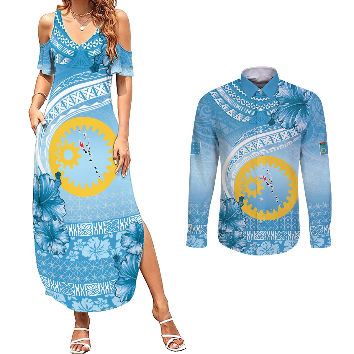Sanma Vanuatu Couples Matching Summer Maxi Dress and Long Sleeve Button Shirt Hibiscus Sand Drawing with Pacific Pattern