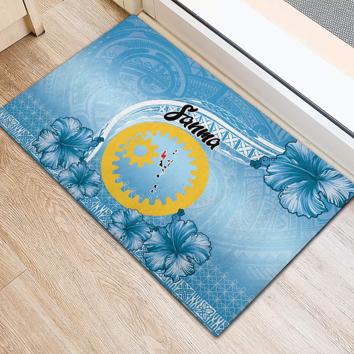 Sanma Vanuatu Rubber Doormat Hibiscus Sand Drawing with Pacific Pattern