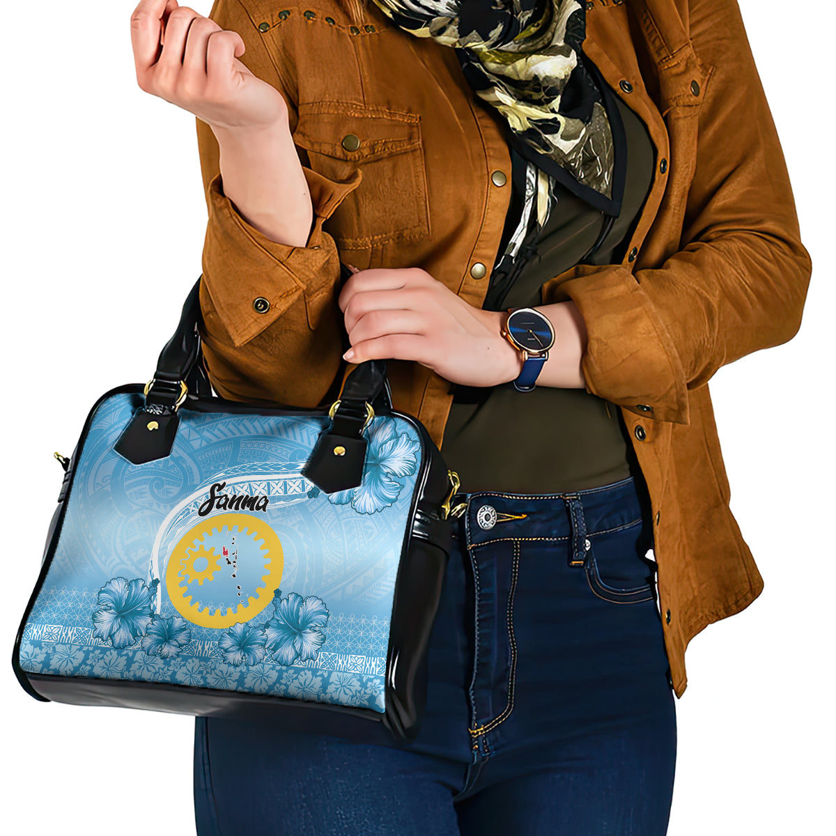 Sanma Vanuatu Shoulder Handbag Hibiscus Sand Drawing with Pacific Pattern