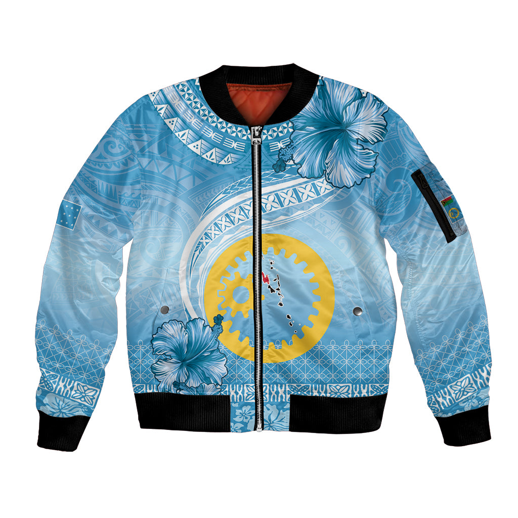 Sanma Vanuatu Sleeve Zip Bomber Jacket Hibiscus Sand Drawing with Pacific Pattern