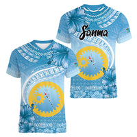 Sanma Vanuatu Women V-Neck T-Shirt Hibiscus Sand Drawing with Pacific Pattern