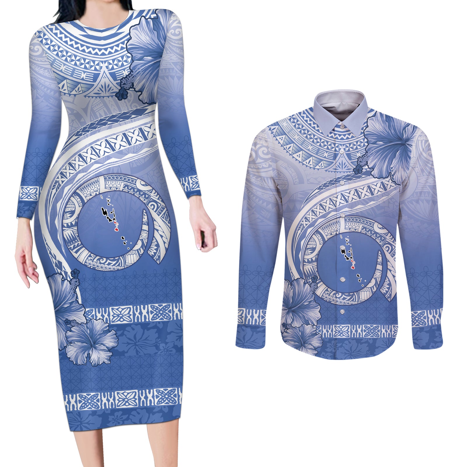 Shefa Vanuatu Couples Matching Long Sleeve Bodycon Dress and Long Sleeve Button Shirt Hibiscus Sand Drawing with Pacific Pattern