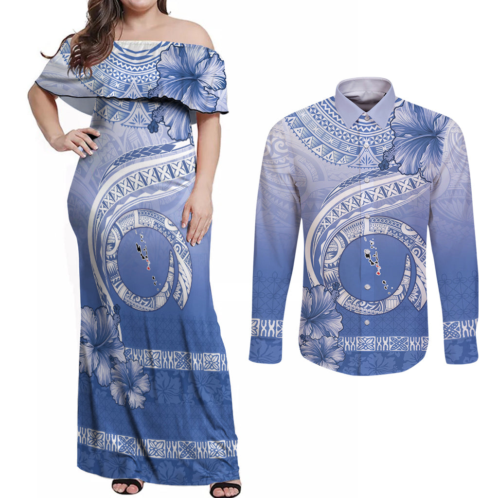 Shefa Vanuatu Couples Matching Off Shoulder Maxi Dress and Long Sleeve Button Shirt Hibiscus Sand Drawing with Pacific Pattern