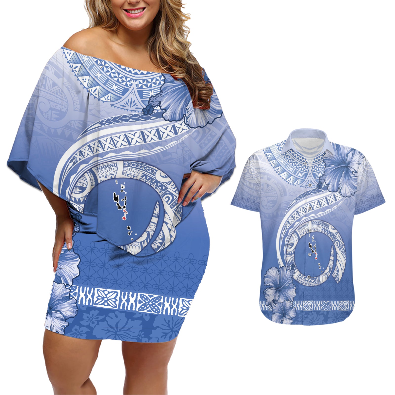 Shefa Vanuatu Couples Matching Off Shoulder Short Dress and Hawaiian Shirt Hibiscus Sand Drawing with Pacific Pattern