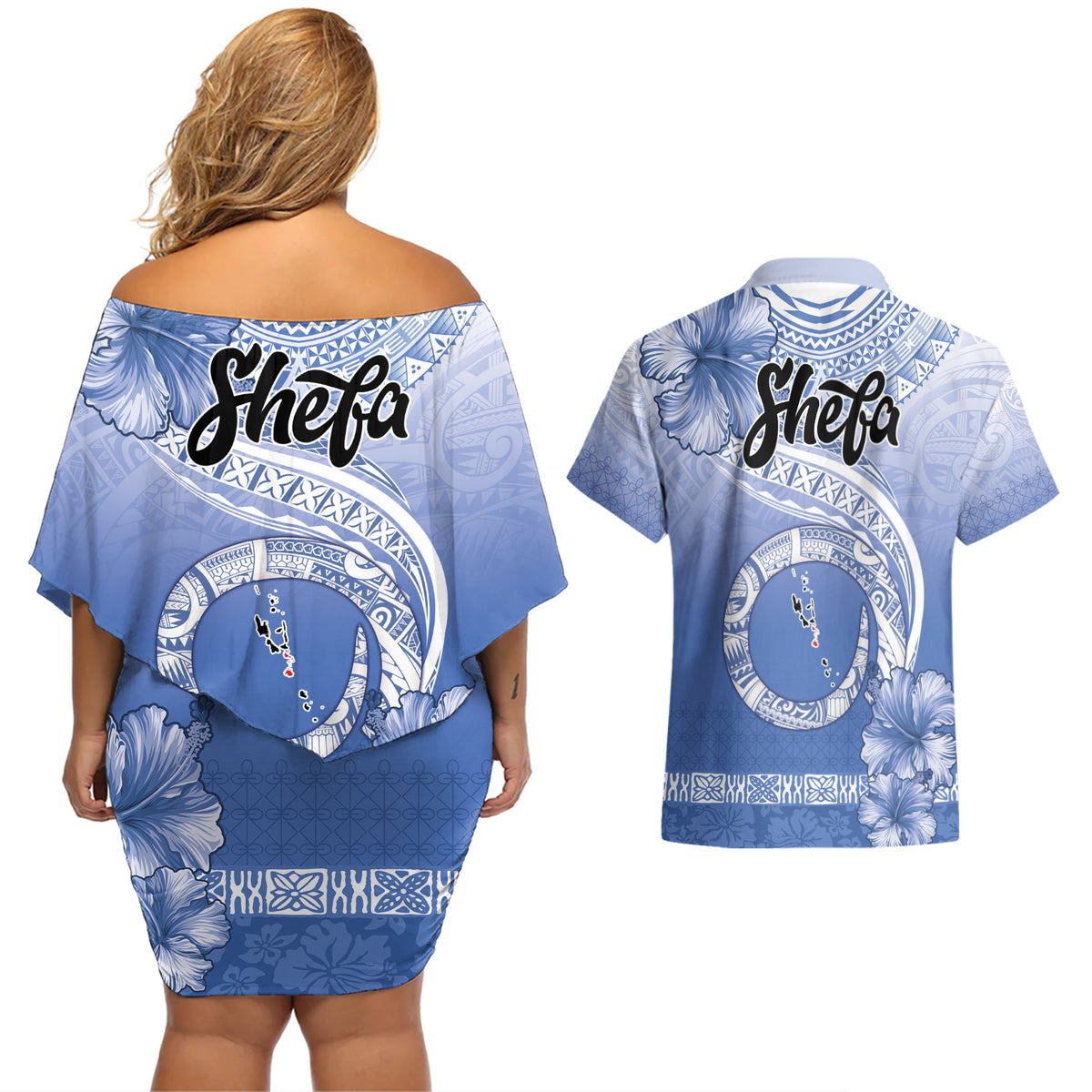 Shefa Vanuatu Couples Matching Off Shoulder Short Dress and Hawaiian Shirt Hibiscus Sand Drawing with Pacific Pattern