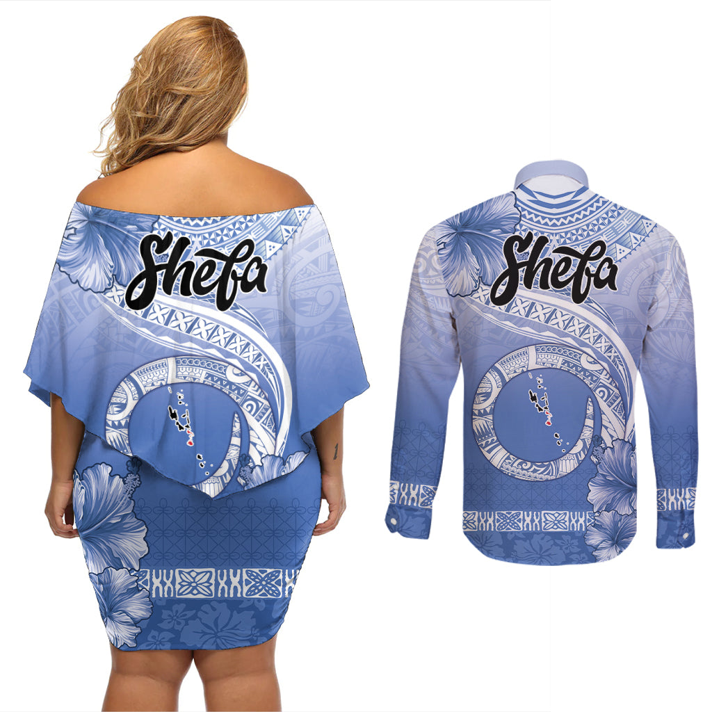 Shefa Vanuatu Couples Matching Off Shoulder Short Dress and Long Sleeve Button Shirt Hibiscus Sand Drawing with Pacific Pattern