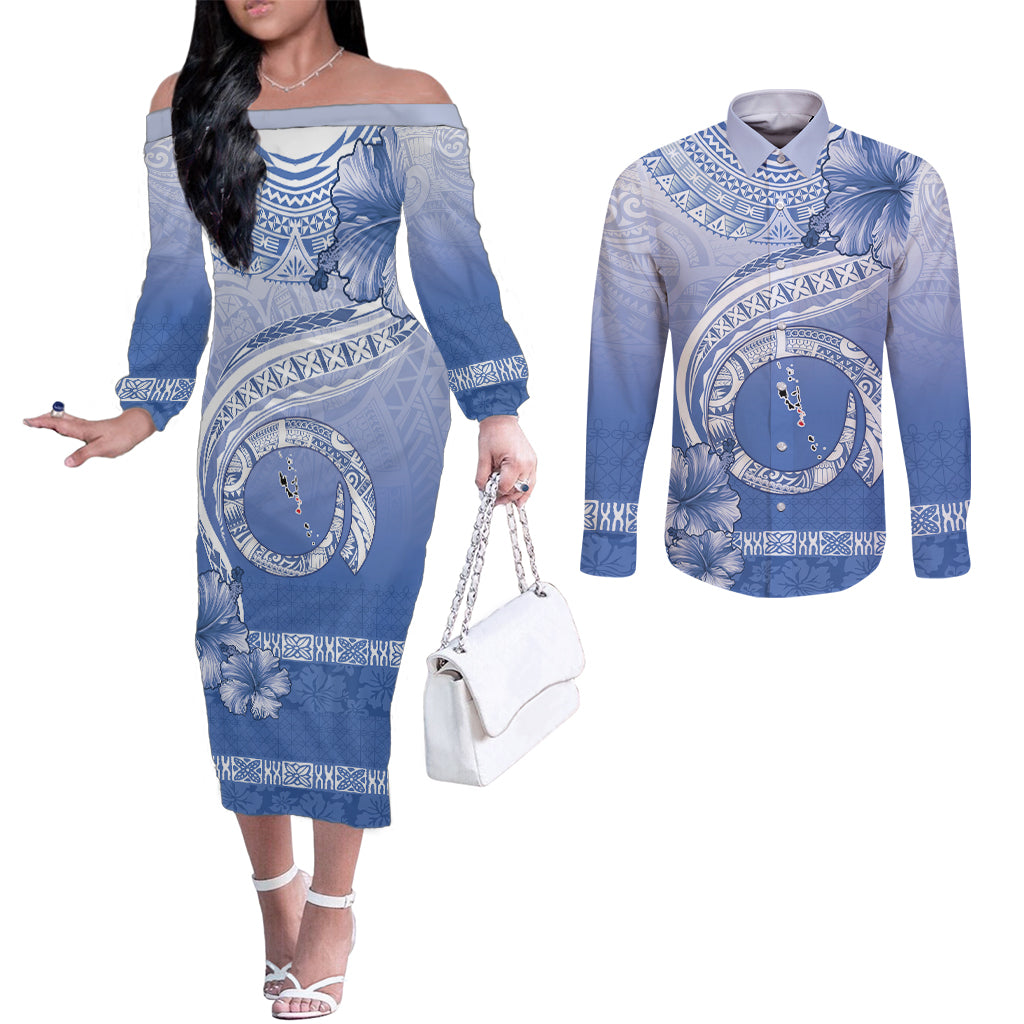 Shefa Vanuatu Couples Matching Off The Shoulder Long Sleeve Dress and Long Sleeve Button Shirt Hibiscus Sand Drawing with Pacific Pattern