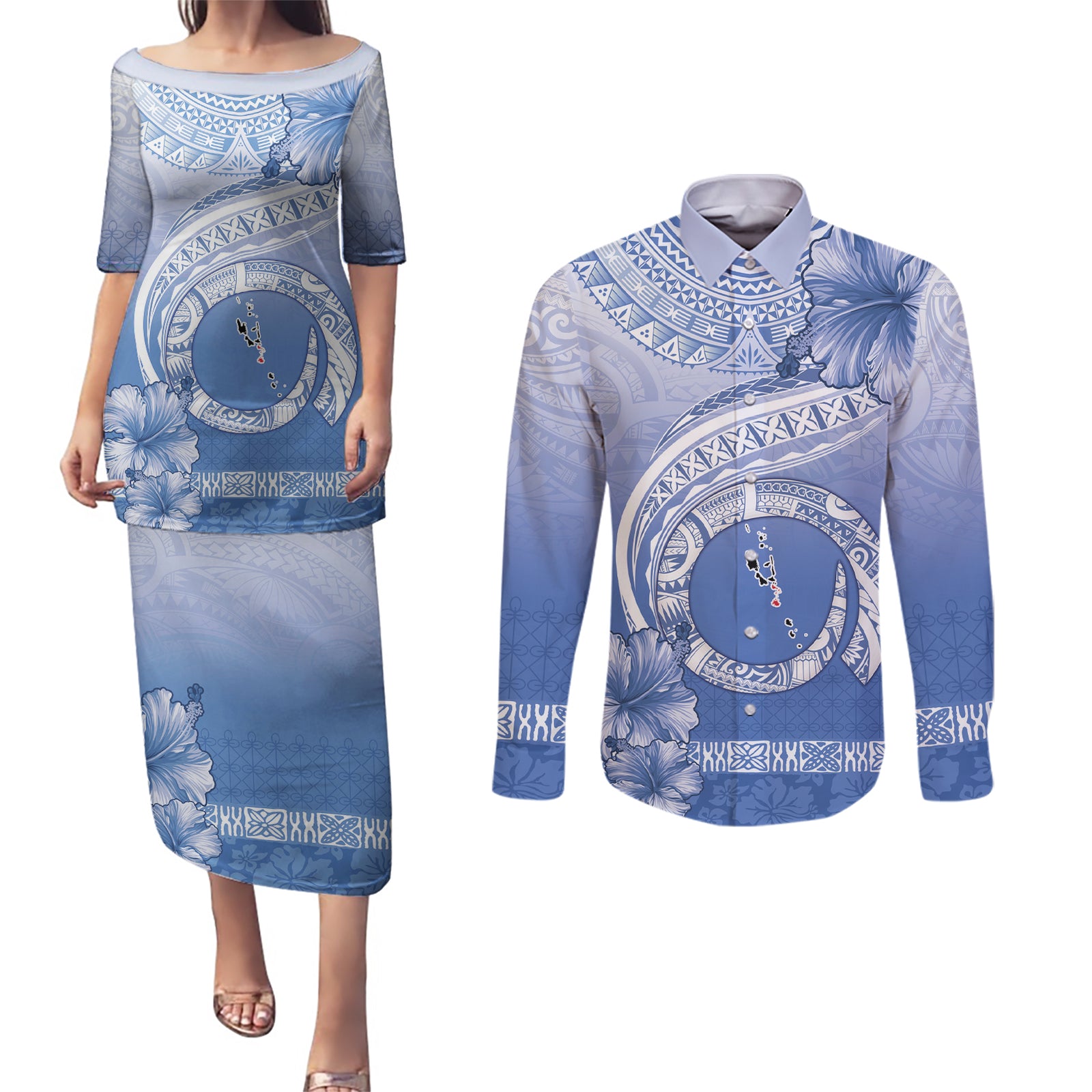 Shefa Vanuatu Couples Matching Puletasi and Long Sleeve Button Shirt Hibiscus Sand Drawing with Pacific Pattern
