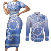 Shefa Vanuatu Couples Matching Short Sleeve Bodycon Dress and Long Sleeve Button Shirt Hibiscus Sand Drawing with Pacific Pattern
