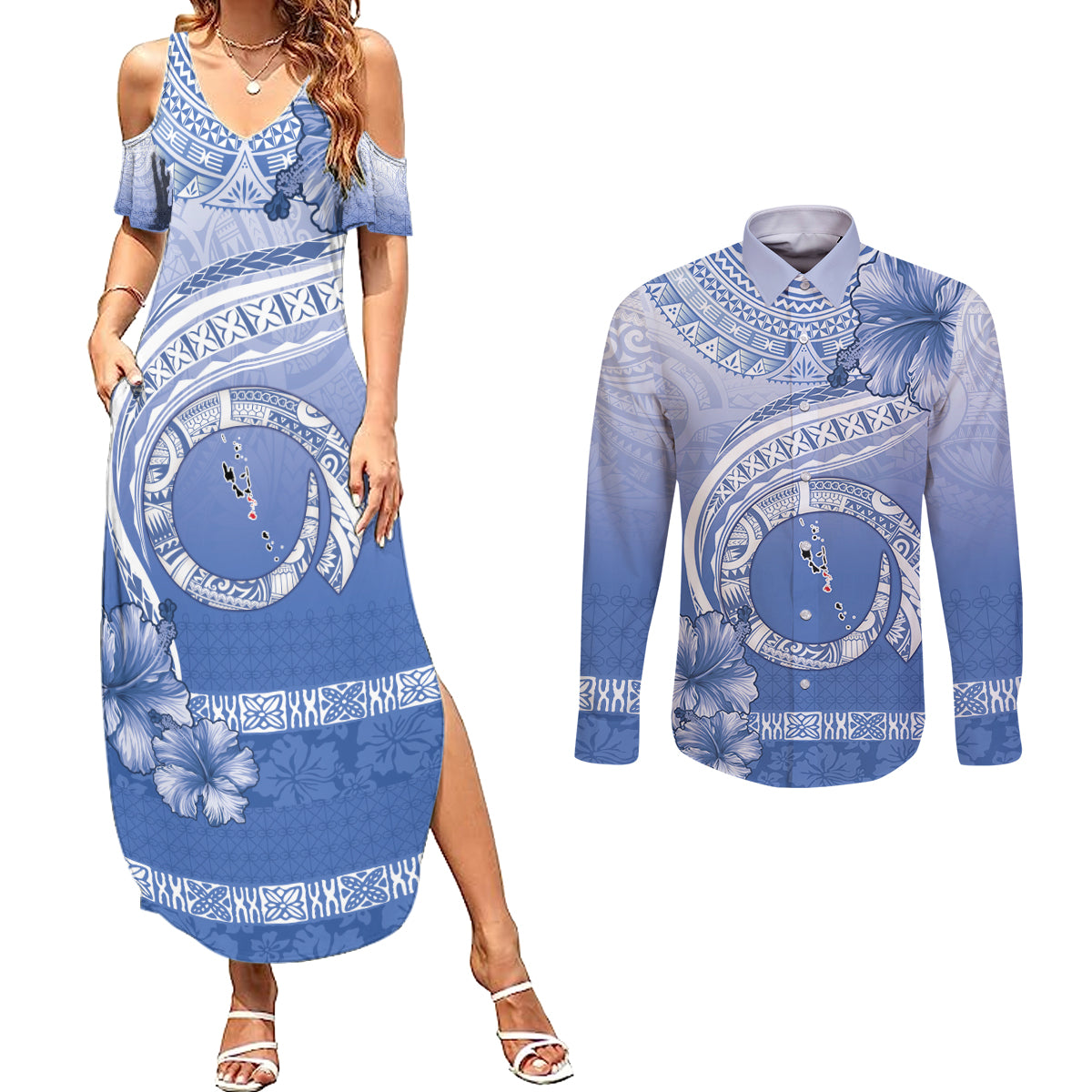 Shefa Vanuatu Couples Matching Summer Maxi Dress and Long Sleeve Button Shirt Hibiscus Sand Drawing with Pacific Pattern