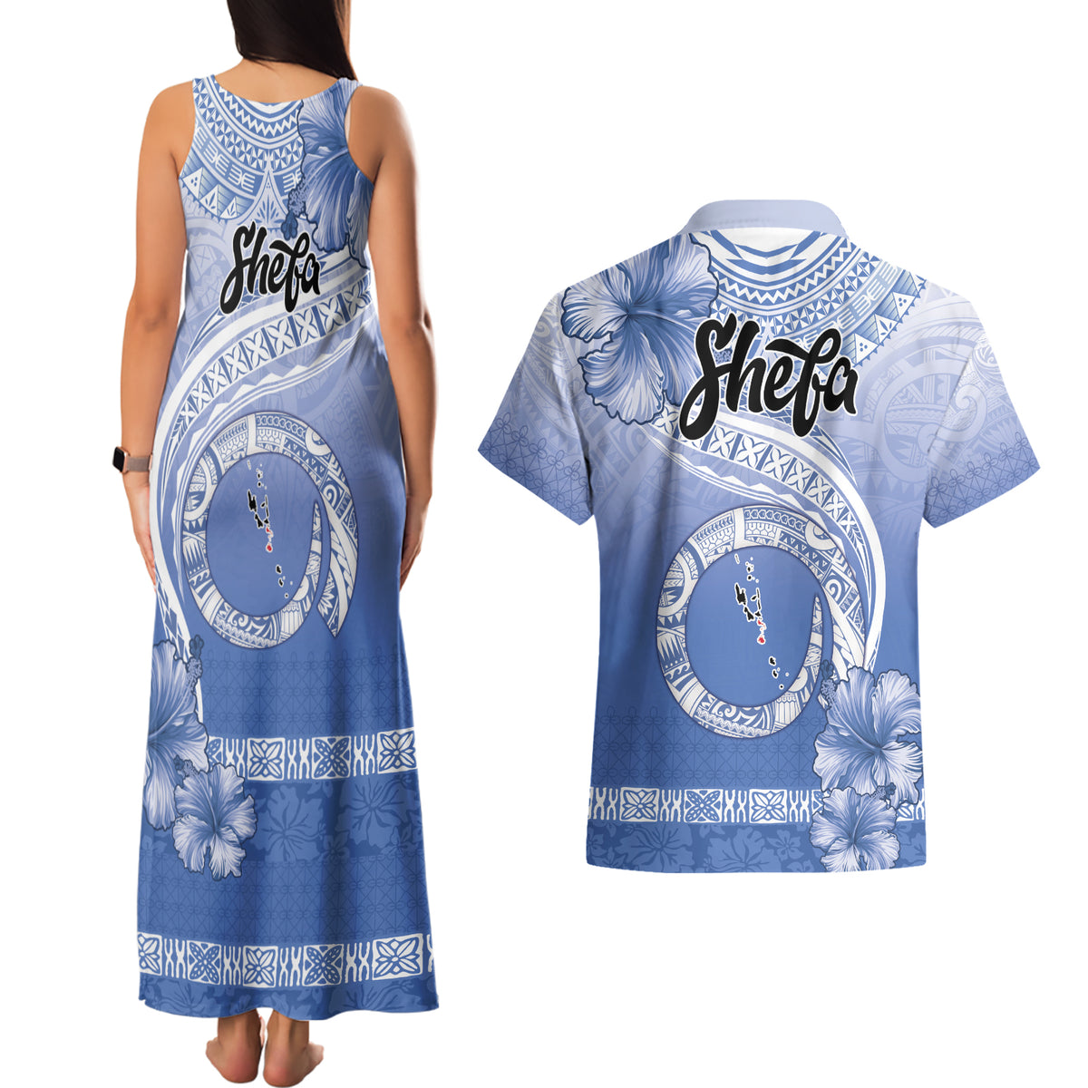 Shefa Vanuatu Couples Matching Tank Maxi Dress and Hawaiian Shirt Hibiscus Sand Drawing with Pacific Pattern