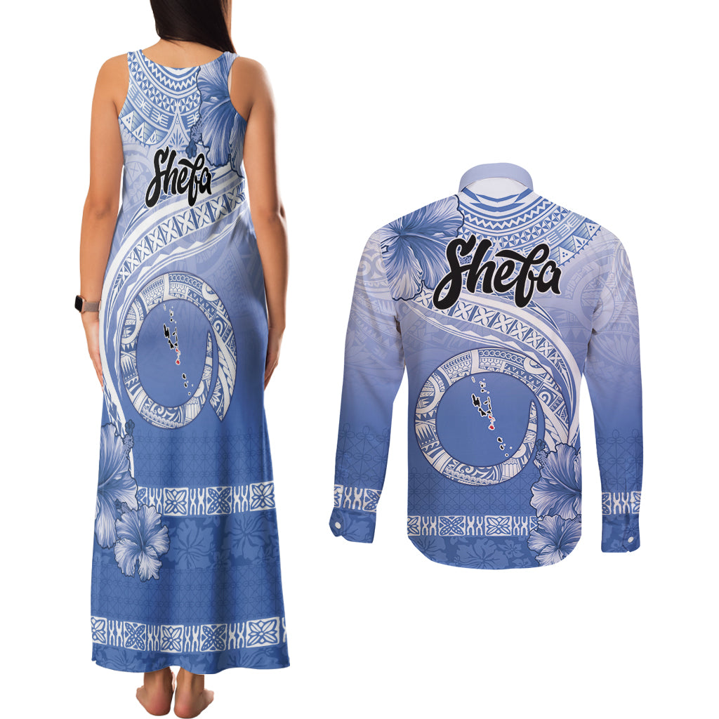Shefa Vanuatu Couples Matching Tank Maxi Dress and Long Sleeve Button Shirt Hibiscus Sand Drawing with Pacific Pattern
