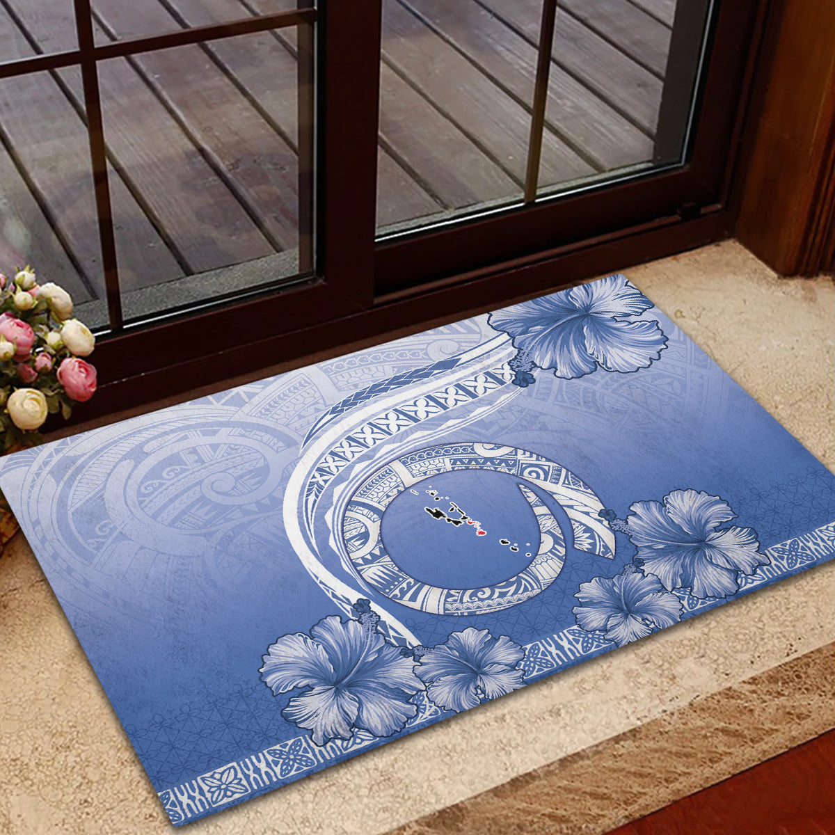 Shefa Vanuatu Rubber Doormat Hibiscus Sand Drawing with Pacific Pattern