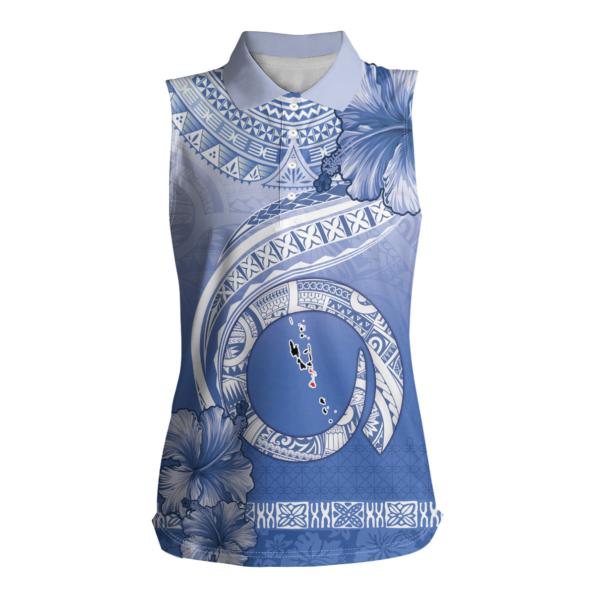 Shefa Vanuatu Women Sleeveless Polo Shirt Hibiscus Sand Drawing with Pacific Pattern