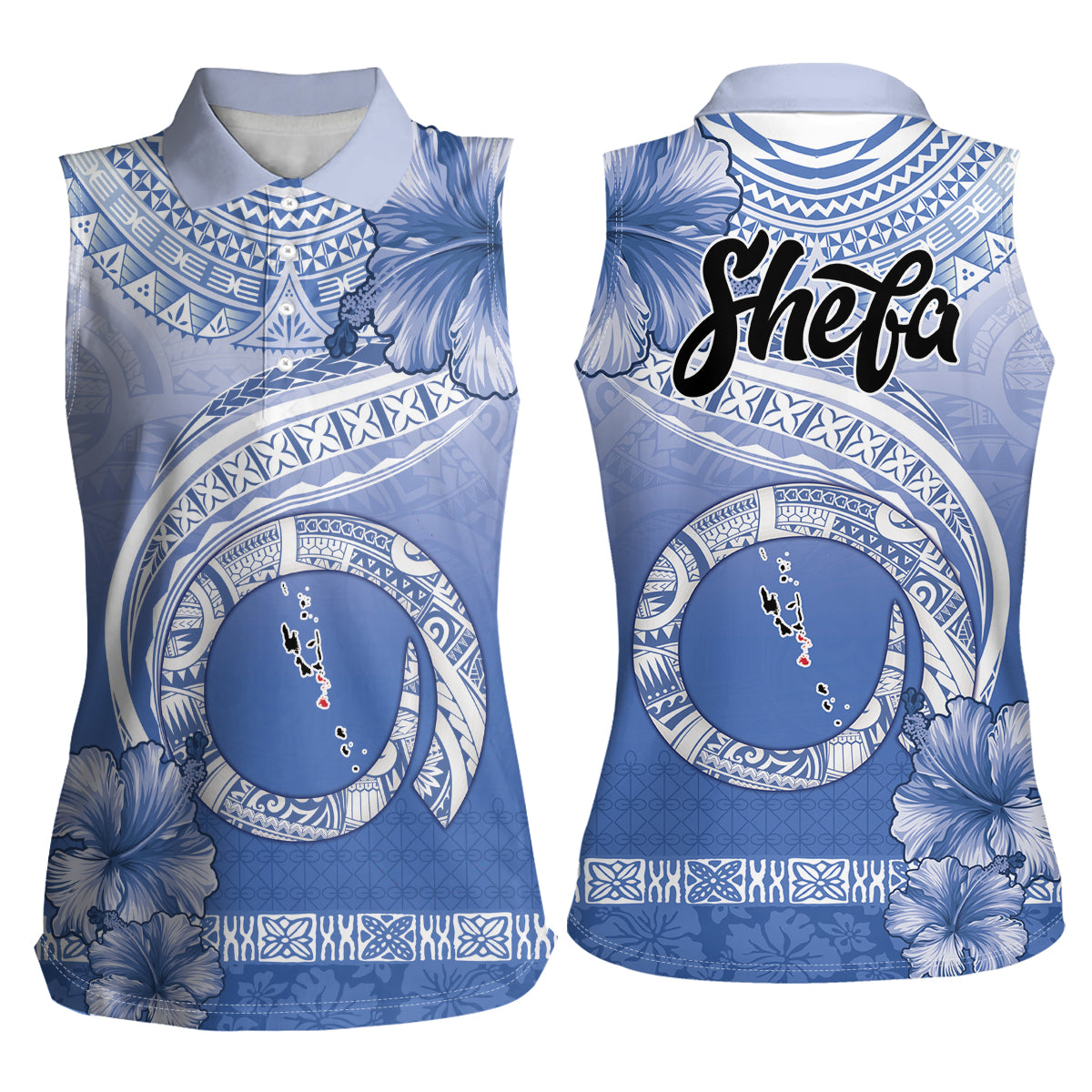 Shefa Vanuatu Women Sleeveless Polo Shirt Hibiscus Sand Drawing with Pacific Pattern