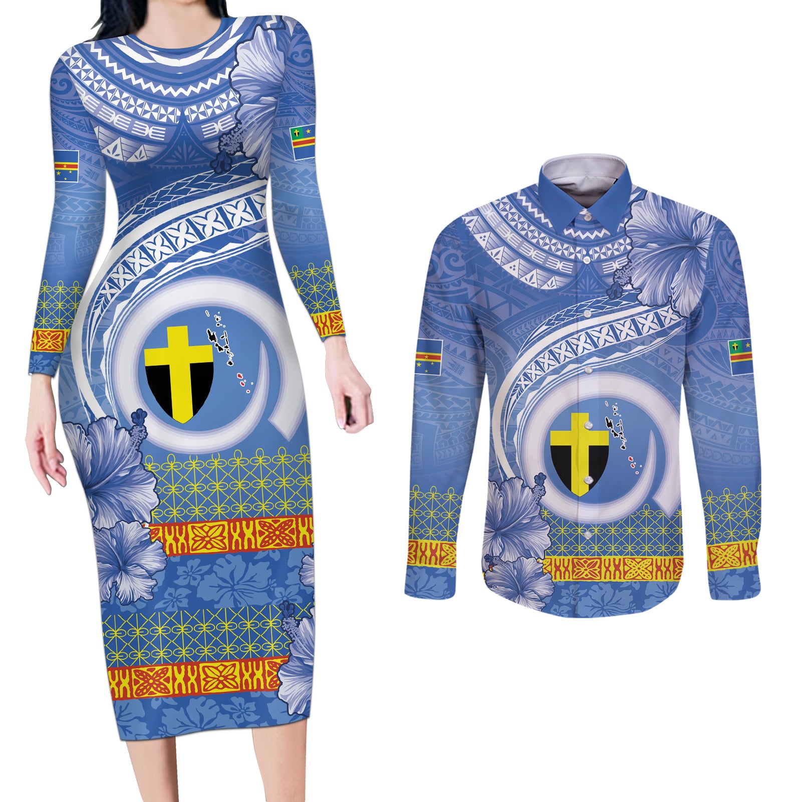 Tafea Vanuatu Couples Matching Long Sleeve Bodycon Dress and Long Sleeve Button Shirt Hibiscus Sand Drawing with Pacific Pattern