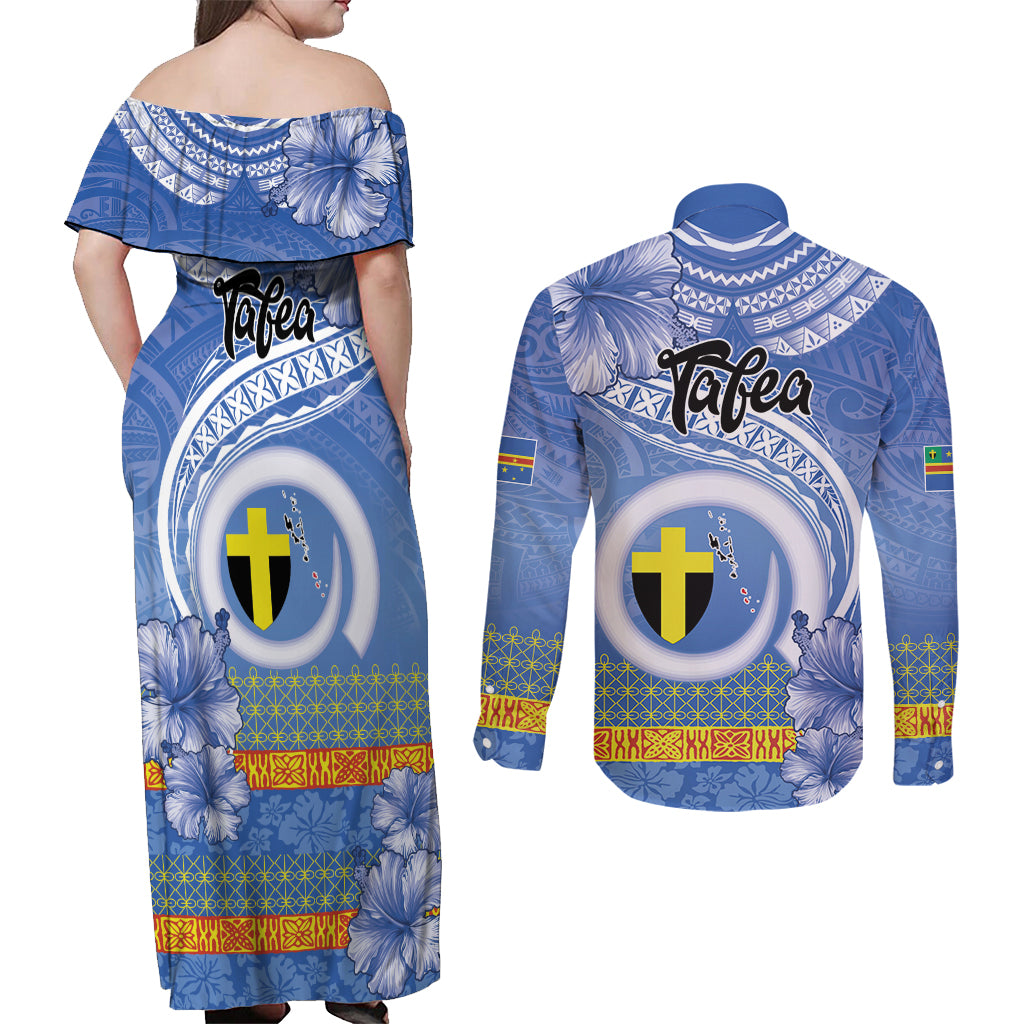 Tafea Vanuatu Couples Matching Off Shoulder Maxi Dress and Long Sleeve Button Shirt Hibiscus Sand Drawing with Pacific Pattern