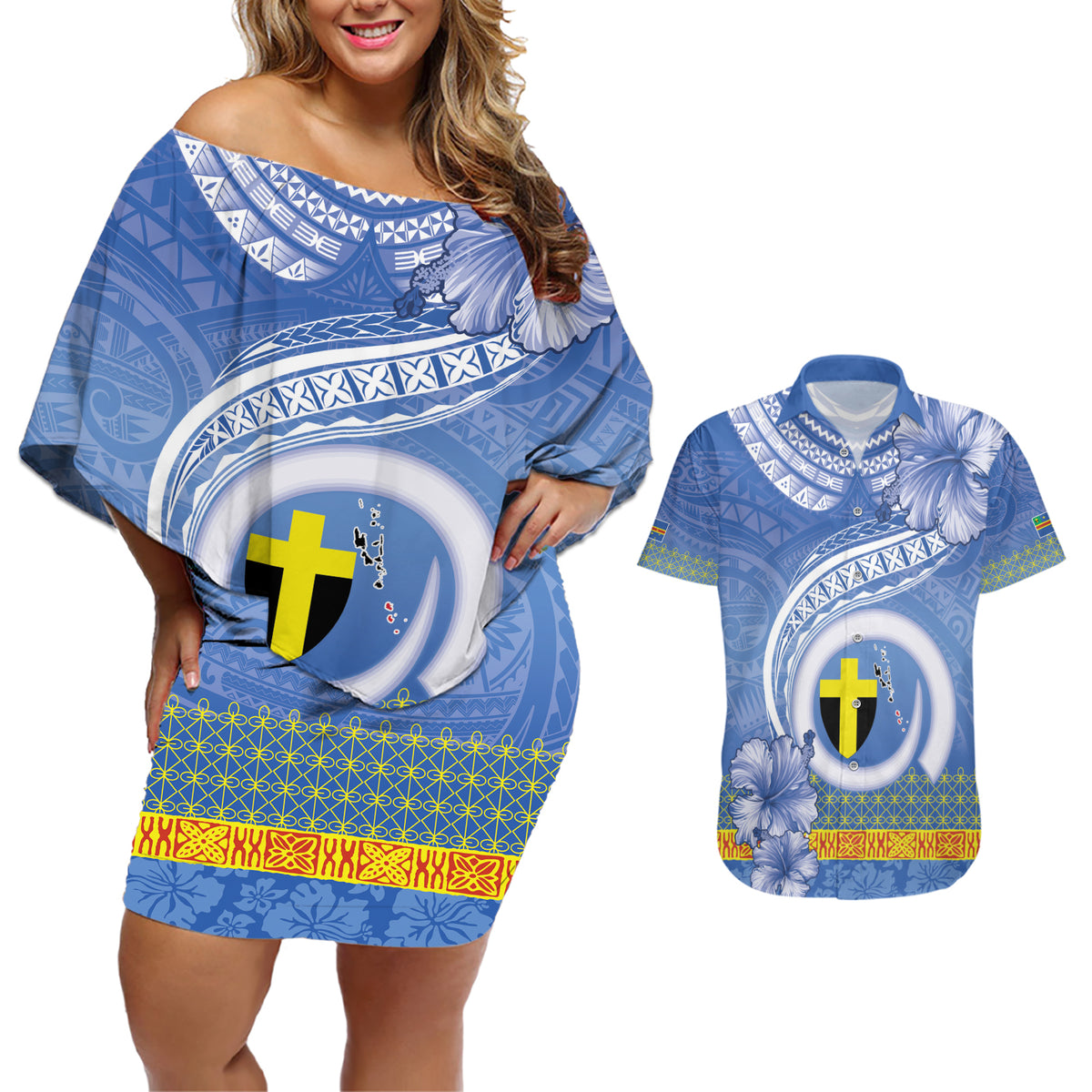Tafea Vanuatu Couples Matching Off Shoulder Short Dress and Hawaiian Shirt Hibiscus Sand Drawing with Pacific Pattern