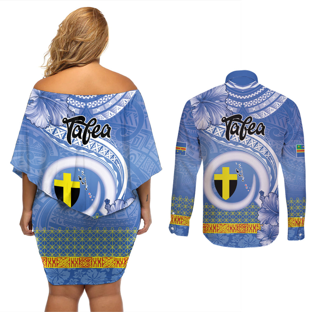Tafea Vanuatu Couples Matching Off Shoulder Short Dress and Long Sleeve Button Shirt Hibiscus Sand Drawing with Pacific Pattern