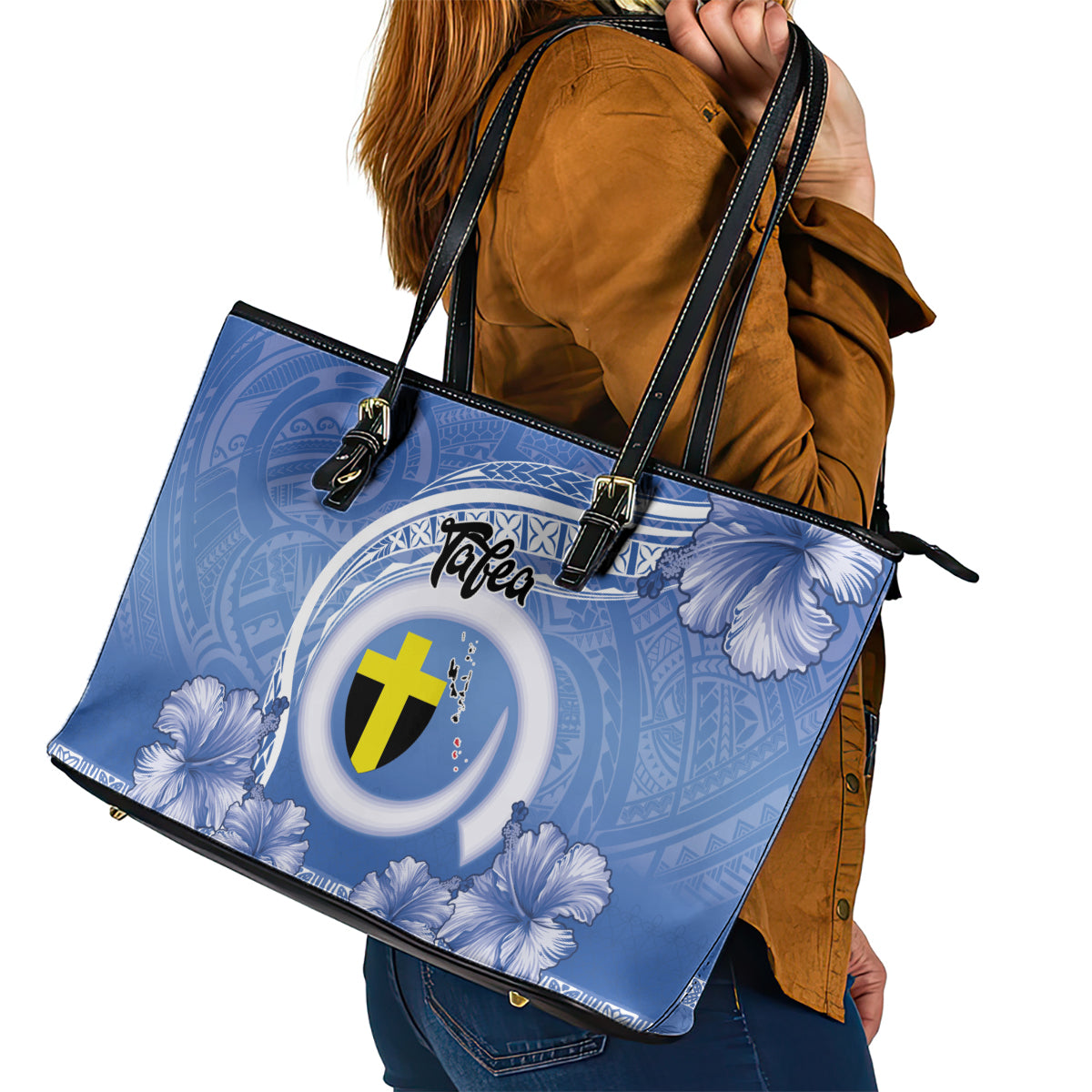 Tafea Vanuatu Leather Tote Bag Hibiscus Sand Drawing with Pacific Pattern