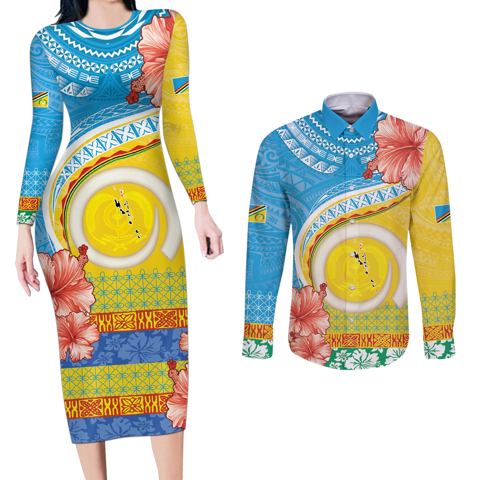 Torba Vanuatu Couples Matching Long Sleeve Bodycon Dress and Long Sleeve Button Shirt Hibiscus Sand Drawing with Pacific Pattern