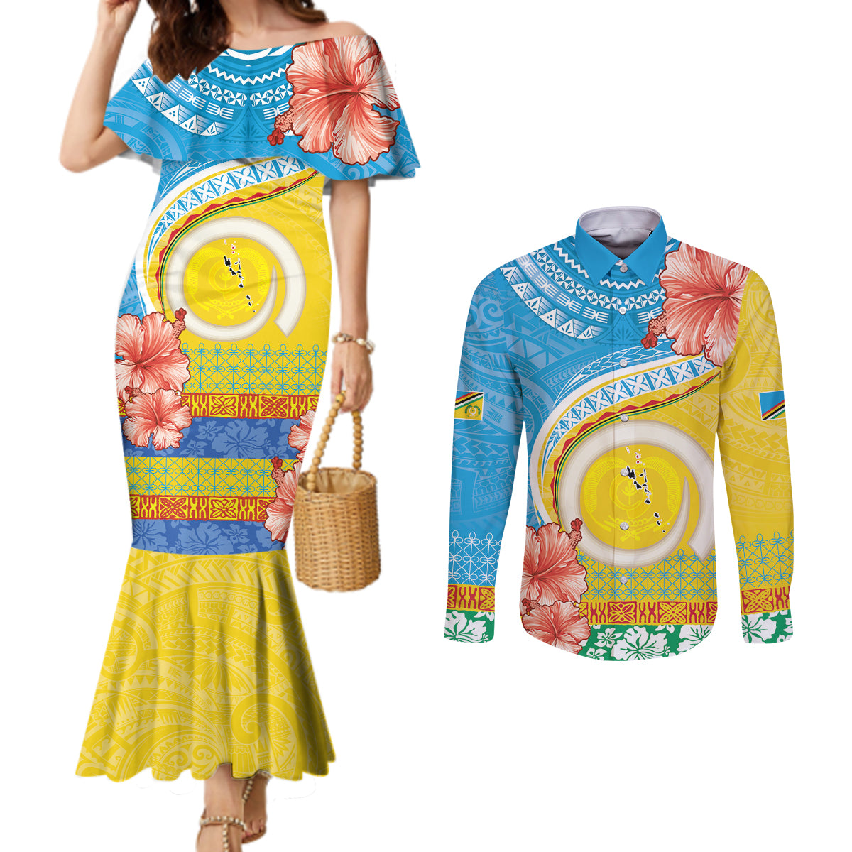 Torba Vanuatu Couples Matching Mermaid Dress and Long Sleeve Button Shirt Hibiscus Sand Drawing with Pacific Pattern