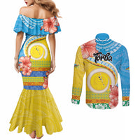 Torba Vanuatu Couples Matching Mermaid Dress and Long Sleeve Button Shirt Hibiscus Sand Drawing with Pacific Pattern